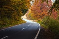 Asphalted road through the forest in autumn colors Royalty Free Stock Photo