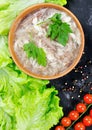 Aspic and fresh vegetables. The national dish of Russian, Ukraine and Belarus. .Jelly. Tomatoes and salad.Jellied minced meat Royalty Free Stock Photo