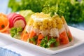 Aspic- jellied chicken with egg and vegetables. Royalty Free Stock Photo