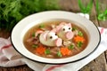 Aspic with meat, pork jelly is a festive traditional Russian dish decorated with boiled eggs in the form of cute pigs. Royalty Free Stock Photo