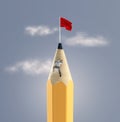 Man climbs on a pencil to a red flag