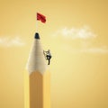 Man climbs on a pencil to a red flag .