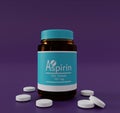 Aspirin medicine bottle with white round pills on flat surface. Royalty Free Stock Photo