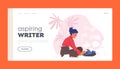 Aspiring Writer Landing Page Template. Creative Female Author or Editor Sit on Floor with Typewriter and Papers