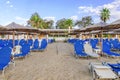 ASPROVALTA, GREECE - AVGUST 28, 2016 Beach bar Splash with lot sunbeds and sky background in Asprovalta