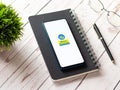 Assam, india - April 19, 2021 : Bharat Petroleum logo on phone screen stock image.