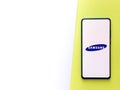 Assam, india - Augest 9, 2020 : Samsung logo on a phone screen stock image.