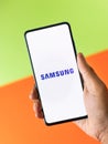 Assam, india - Augest 9, 2020 : Samsung logo on a phone screen stock image.