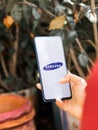 Assam, india - Augest 9, 2020 : Samsung logo on a phone screen stock image.