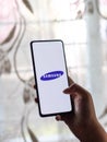 Assam, india - Augest 9, 2020 : Samsung logo on a phone screen stock image.