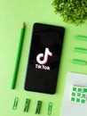 Assam, india - Augest 8, 2020 : Tiktok app logo on phone screen stock image.