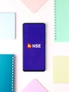 Assam, india - August 27, 2020 : NSE logo on phone screen stock image.