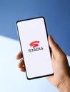 Assam, india - August 27, 2020 : Stadia logo on phone screen stock image. Royalty Free Stock Photo