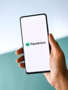 Assam, india - August 22, 2020 : Tripadvisor logo on phone screen stock image. Royalty Free Stock Photo