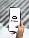 Assam, india - December 20, 2020 : Oculus logo on phone screen stock image.