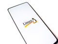 Assam, india - January 15, 2020 : Linux logo on phone screen stock image. Royalty Free Stock Photo