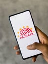 Assam, india - July 18, 2020 : Aadhar card app a valid identity proof in india. Royalty Free Stock Photo