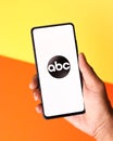 Assam, india - June 21, 2021 : American Broadcasting Company or abc logo on phone screen stock image. Royalty Free Stock Photo