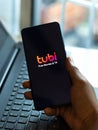 Assam, india - June 21, 2021 : Tubi tv logo on phone screen stock image.