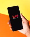 Assam, india - June 21, 2021 : Tubi tv logo on phone screen stock image.