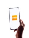 Assam, india - March 10, 2021 : Audible Suno logo on phone screen stock image. Royalty Free Stock Photo