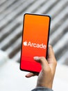 Assam, india - September 25, 2020 : Apple Arcade logo on phone screen stock image.