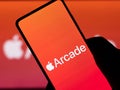Assam, india - September 25, 2020 : Apple Arcade logo on phone screen stock image.