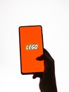 Assam, india - September 24, 2020 : Lego logo on phone screen stock image.