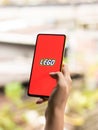 Assam, india - September 24, 2020 : Lego logo on phone screen stock image.