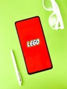 Assam, india - September 24, 2020 : Lego logo on phone screen stock image.