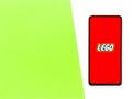 Assam, india - September 24, 2020 : Lego logo on phone screen stock image.