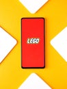 Assam, india - September 24, 2020 : Lego logo on phone screen stock image.