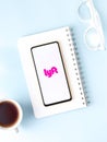 Assam, india - September 18, 2020 : Lyft logo on phone screen stock image.