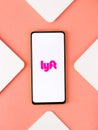 Assam, india - September 18, 2020 : Lyft logo on phone screen stock image.