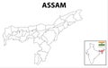 Assam map. Political and administrative map of Assam with districts name. Showing International and State boundary and district