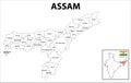 Assam map. Political and administrative map of Assam with districts name. Showing International and State boundary and district