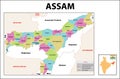 Assam map. Political and administrative map of Assam with districts name. Showing International and State boundary and district