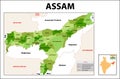 Assam map. Political and administrative map of Assam with districts name. Showing International and State boundary and district