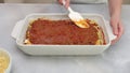 Assamble the lasagna. Topping with marinara.