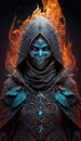 Assassin In Full Growth Ornate Ice Fire Headdress Fiery Eyes. Generative AI