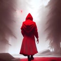 an assassin wearing a red hooded cloak crossed the red river into the forest. Ai generated