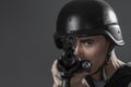 Assault, paintball sport player wearing protective helmet aiming Royalty Free Stock Photo