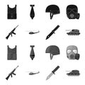 Assault rifle M16, helicopter, tank, combat knife. Military and army set collection icons in black,monochrome style Royalty Free Stock Photo