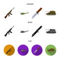 Assault rifle M16, helicopter, tank, combat knife. Military and army set collection icons in cartoon,black,flat style Royalty Free Stock Photo