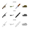 Assault rifle M16, helicopter, tank, combat knife. Military and army set collection icons in cartoon,black,outline style Royalty Free Stock Photo
