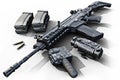 Assault rifle with tactical accessories front and rear sites , and a laser guided rifle scope and ammo clips on a white background Royalty Free Stock Photo