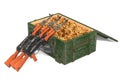 Assault rifles with military wooden ammunition box full of rifle bullets, 3D rendering