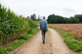 Asse, Flemish Brabant - Belgium - Tall man of forty years old, walking a soft trail through the agriculture fields
