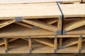 Assembled beams construction site wood framework lumber stack Royalty Free Stock Photo