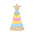 Assembled colorful wooden pyramid sorter toy. Building stack up ring tower